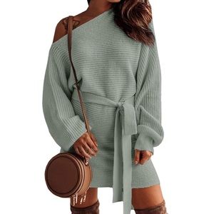Clarisbelle Gray Knit Chunky Off-Shoulder Sweater Dress with Belt XXL